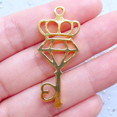 Diamond and Crown Key Open Back Bezel Pendant | Kawaii Jewelry Supplies | Deco Frame for UV Resin Art (1 piece / Gold / 17mm x 41mm)