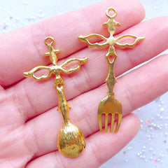 Magical Fork and Spoon Charms with Angel Wings | Kawaii Cutlery Charm | Mahou Kei Jewelry Supplies (2 pcs / Gold / 24mm x 44mm)