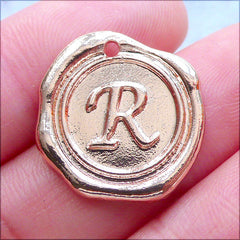 Initial Wax Seal Charms | Letter Tag | Round Alphabet Pendant | Personalized Jewelry Making (1 piece / Rose Gold / 18mm x 19mm)