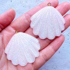 Cockle Shell Charms | Kawaii Seashell Pendant | Sea Shell Cabochons | Beach Decoden | Mermaid Jewelry Making (2 pcs / White / 42mm x 42mm)