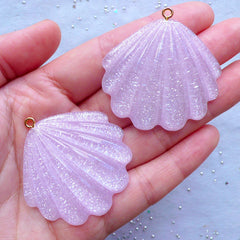 Glittery Seashell Charms | Cockle Shell Pendant | Beach Cabochons | Sea Shell Decoden | Mermaid Jewellery Making (2 pcs / Purple / 42mm x 42mm)