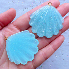 Glitter Seashell Cabochons | Sea Shell Charm | Cockle Shell Cabochon | Mermaid Decoden | Kawaii Jewelry Supplies (2 pcs / Blue / 42mm x 42mm)