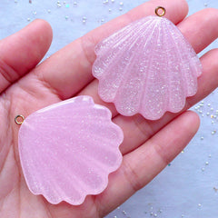 Shimmer Seashell Cabochons with Glitter | Sea Shell Resin Charm | Mermaid Decoration | Kawaii Decoden (2 pcs / Pink / 42mm x 42mm)
