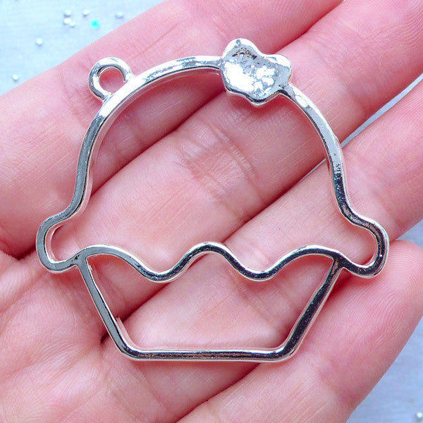 Kawaii Cupcake Open Bezel Pendant | Open Backed Deco Frame for UV Resin Filling | Afternoon Tea Dessert Charm | Sweet Jewelry Making (1 piece / Silver / 44mm x 41mm / 2 Sided)