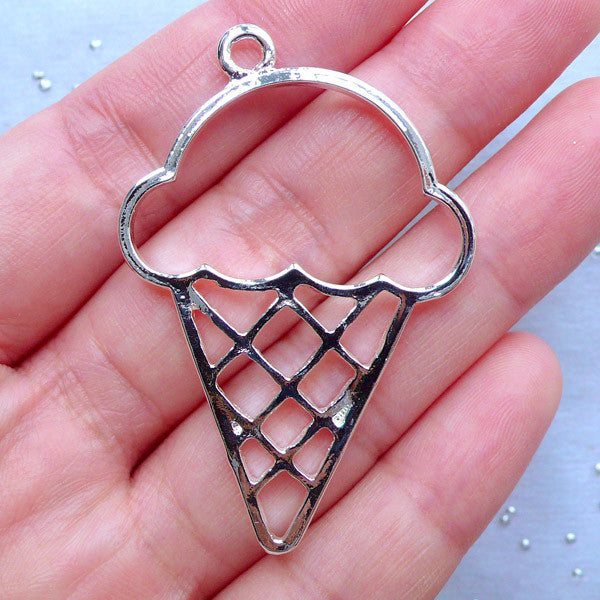 Ice Cream Open Backed Bezel Charm | Kawaii Dessert Pendant | Hollow Sweet Deco Frame for UV Resin Filling | Food Jewellery Making (1 piece / Silver / 34mm x 50mm / 2 Sided)