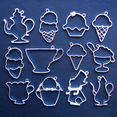 Alice in Wonderland Open Bezel Assortment | Assorted Deco Frame for Kawaii UV Resin Crafts | Afternoon Tea Dessert Jewelry Making (12 pcs / Silver / 2 Sided)