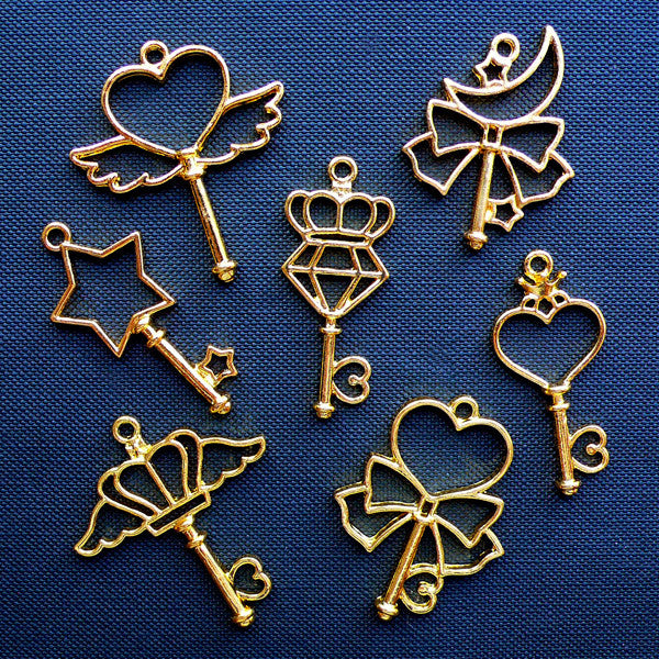 Kawaii Magic Wand Open Bezel Charm | Magical Girl Pendant | UV Resin Jewelry Supplies | Deco Frame for Resin Filling (7 pcs / Gold)