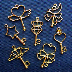 Kawaii Magic Wand Open Bezel Charm | Magical Girl Pendant | UV Resin Jewelry Supplies | Deco Frame for Resin Filling (7 pcs / Gold)