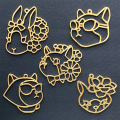 Kawaii Animal Open Bezel Assortment | Cat Kitty Rabbit Bunny Fox Deco Frame for UV Resin Jewelry DIY (5 pcs / Gold)