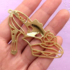 Rose High Heel Open Bezel Charm | Kawaii Deco Frame for UV Resin Filling | Fairytale Princess Jewelry DIY (1 piece / Gold / 58mm x 45mm)