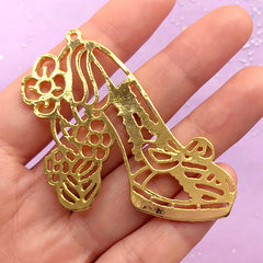 CLEARANCE Flower High Heel Open Back Bezel Charm for UV Resin | Shoe Deco Frame | Fairy Tale Princess Jewellery DIY (1 piece / Gold / 57mm x 48mm)