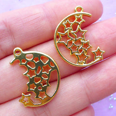 Magical Star and Moon Open Bezel Charm | UV Resin Jewelry Supplies | Kawaii Deco Frame for Resin Filling (2pcs / Gold / 19mm x 23mm)