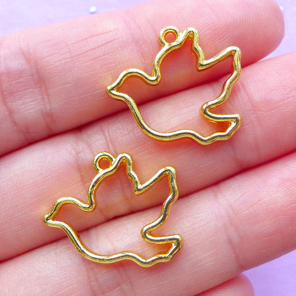 Dove of Peace Open Back Bezel Charm | Peace Symbol Pendant | Bird Deco Frame for UV Resin Filling (2pcs / Gold / 20mm x 17mm)