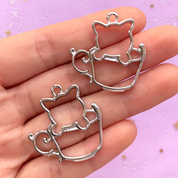 Cat in a Coffee Cup Open Bezel | Kawaii Kitty Charm | Cute Deco Frame for UV Resin Filling | Resin Jewelry Supplies (2pcs / Silver / 29mm x 30mm)