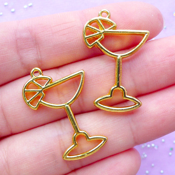 Martini Cocktail Glass Open Backed Bezel Charm | Drink Pendant | Kawaii Deco Frame UV Resin Jewellery Making (2pcs / Gold / 19mm x 29mm)