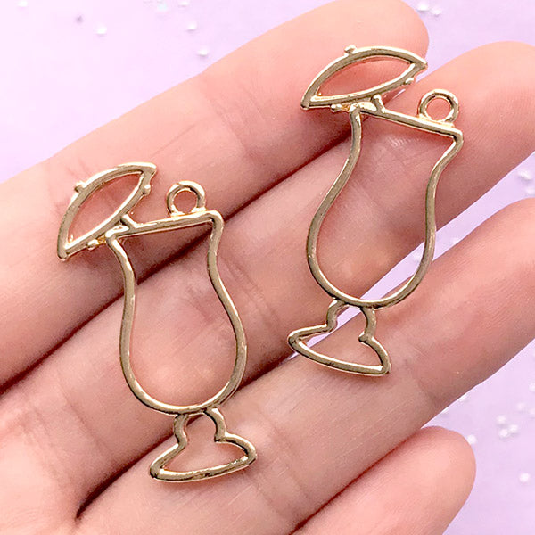 Summer Drink Open Bezel | Cocktail Glass Charm | Deco Frame for UV Resin Filling | Kawaii Craft Supplies (2pcs / Gold / 18mm x 35mm)