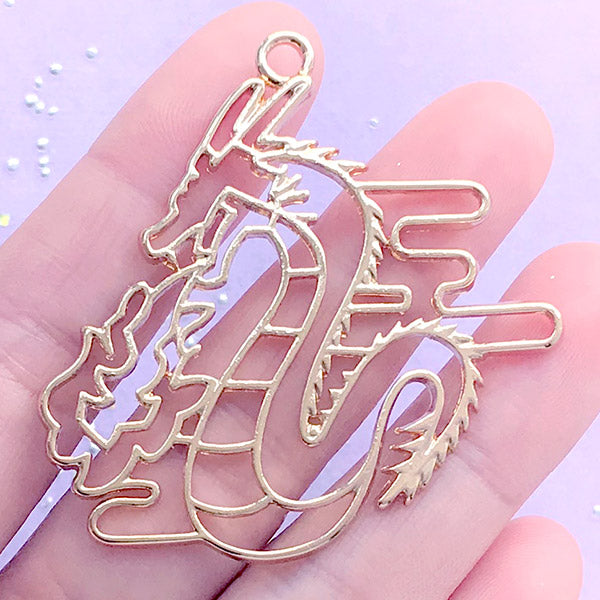 Chinese Dragon Open Bezel Pendant for UV Resin Filling | Legendary Creature Deco Frame | Resin Crafts (1 piece / Gold / 48mm x 49mm)