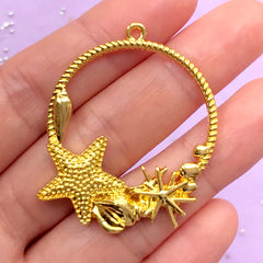 Starfish and Seashell Open Backed Bezel Charm for UV Resin | Sea Life Circle Pendant | Marine Deco Frame (1 piece / Gold / 34mm x 42mm)