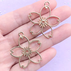 Cherry Blossom Open Bezel Pendant | Sakura Charm | Flower Deco Frame | UV Resin Jewelry Supplies (2 pcs / Gold / 32mm x 35mm)