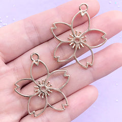 Cherry Blossom Open Bezel Pendant | Sakura Charm | Flower Deco Frame | UV Resin Jewelry Supplies (2 pcs / Gold / 32mm x 35mm)