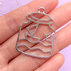 Sailboat in a Bottle Open Bezel Charm | Nautical Deco Frame for UV Resin Filling | Kawaii Craft Supplies (1 piece / Silver / 28mm x 38mm)
