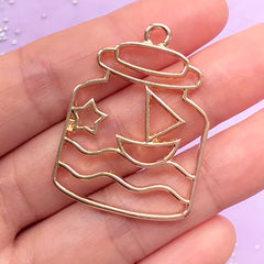 CLEARANCE Ship in a Bottle Open Back Bezel Charm | Nautical Pendant | Kawaii Deco Frame | UV Resin Craft Supplies (1 piece / Gold / 28mm x 38mm)