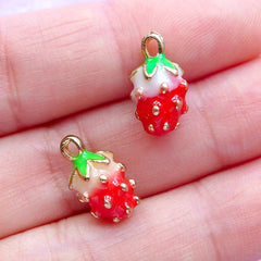 Miniature Strawberry Enamel Charms | 3D Fruit Charm | Kawaii Pendant | Fake Food Jewelry Supplies (2pcs / 8mm x 13mm / 2 Sided)