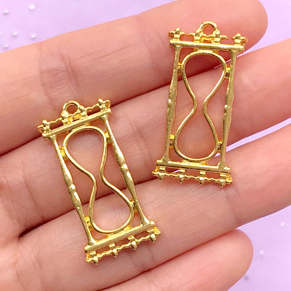 Sand Clock Open Bezel Charm for UV Resin Filling | Hourglass Pendant | Sandglass Deco Frame (2 pcs / Gold / 15mm x 31mm)