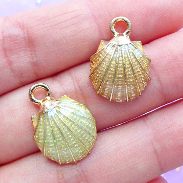 Seashell Enamel Charms | Scallop Shell Charm | Nautical Pendant | Marine Life Jewelry Making (2pcs / Green Yellow / 13mm x 19mm)