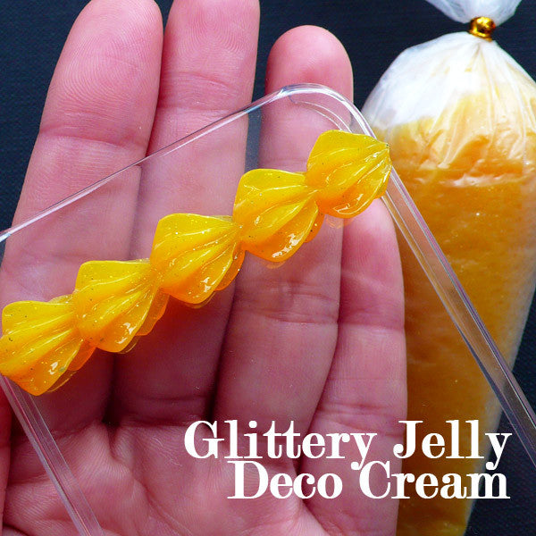 Glittery Jelly Deco Cream | Kawaii Whipped Cream with Glitter | Translucent Whip Cream for Phone Case Decoration | Decoden Supplies (50g / Yellow Orange / FREE Pastry Bag)
