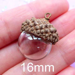 Glass Bubble with Natural Acorn Cap | 16mm Glass Ball | Mini Glass Orb | Glass Globe Pendant | Miniature Terrarium Jewellery (1 Set)