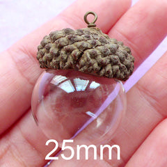 Glass Globe with Natural Acorn Cover | 25mm Glass Orb | Glass Bubble Charm | Small Glass Ball Pendant | Terrarium Jewellery Findings (1 Set)