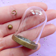 Mini Glass Dome with Base and Cap | Little Prince Rose Glass Terrarium Findings | Miniature Jewelry Supplies (Bronze / 1 Set)