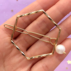 Twisted Hexagon Open Back Bezel Hair Clip with Pearl | Geometric Deco Frame for UV Resin Filling | Hair Accessories Supplies (1 piece / Gold / 41mm x 47mm)