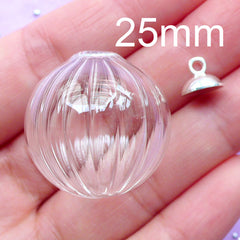 25mm Glass Orb with Fluted Pattern | Kawaii Glass Bubble with Silver Cap | Glass Globe Pendant | Glass Ball Charm (1 Set)