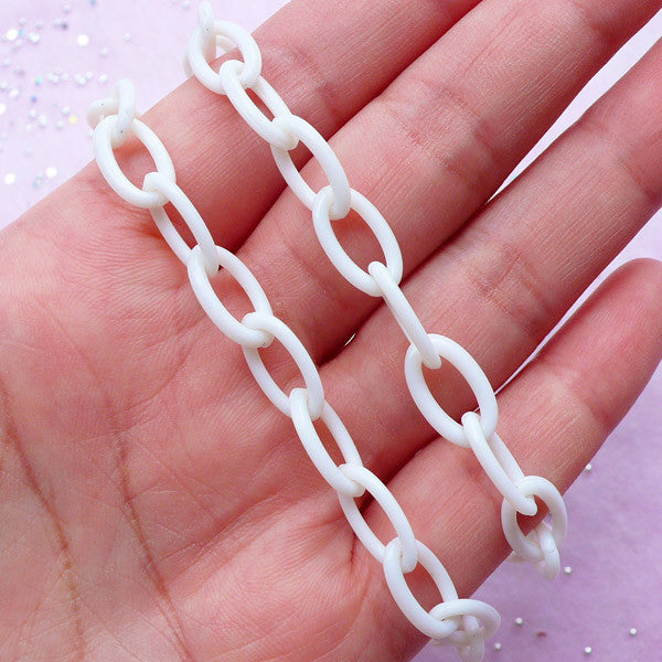 White Plastic Chain Link in 8mm, Chunky Bracelet Making (2pcs x 40cm), MiniatureSweet, Kawaii Resin Crafts, Decoden Cabochons Supplies