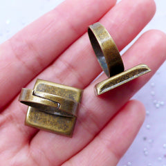 16mm Square Ring Base with Bezel Setting | Adjustable Ring Blanks with Square Bezel Cup | Jewelry Findings (2 pcs / Antique Bronze)