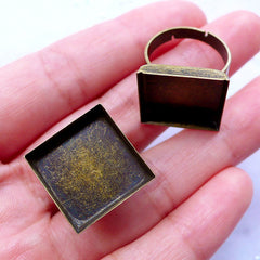 16mm Square Ring Base with Bezel Setting | Adjustable Ring Blanks with Square Bezel Cup | Jewelry Findings (2 pcs / Antique Bronze)