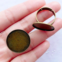 20mm Bezel Ring Blanks with Round Cameo Bezel Cups | Adjustable Bezel Ring Setting with Round Cabochon Bezel Tray | Ring Findings (2 pcs / Antique Bronze)