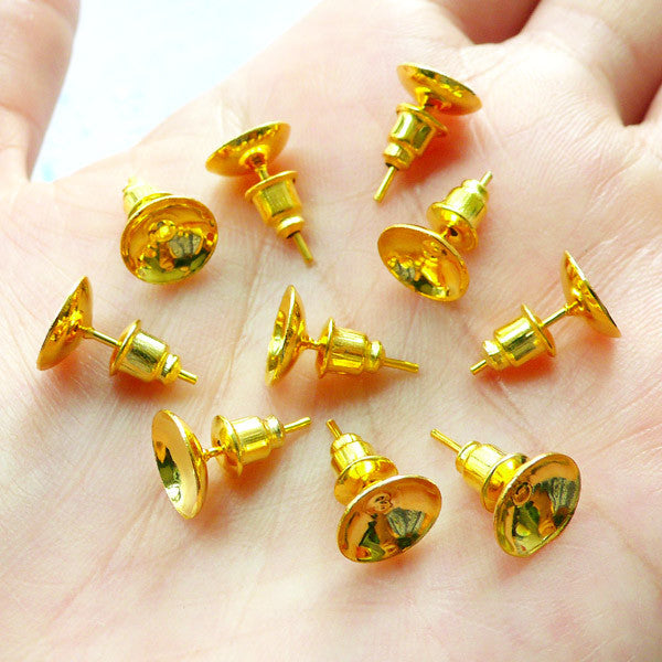 8mm Cup Earring Posts with Earnuts, Stud Earring Components, Earstud, MiniatureSweet, Kawaii Resin Crafts, Decoden Cabochons Supplies