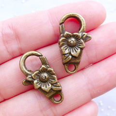 Flower Lobster Clasps | Floral Bocklebee Clasps | Bronze Trigger Hook | Lanyard Hook | Parrot Clasp | Spring Flower Jewelry Making | Jewellery Findings | Craft Supplies (2pcs / Antique Bronze / 13mm x 24mm / 2 Sided)