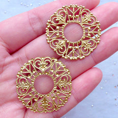 Round Metal Accent with Heart Pattern | Filigree Circle Disc Base | Cabochon Setting | Jewelry Findings (2pcs / Gold / 30mm)