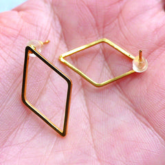 Rhombus Open Frame Stud Earrings | Kawaii Deco Frame for UV Resin Art | Geometry Jewelry Findings (1 Pair / Gold / 14mm x 23mm)