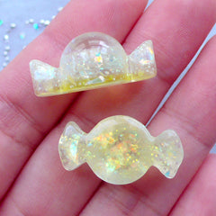 Glittery Candy Cabochons with Iridescent Flakes | Kawaii Phone Case | Decoden Resin Pieces | Faux Taffy Candies (2pcs / Yellow / 13mm x 24mm / Flatback)