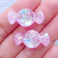 Kawaii Candy Cabochons | Glittery Cabochon with Iridescent Flakes | Resin Decoden Pieces | Kawaii Jewelry Making (2pcs / Dark Pink / 13mm x 24mm / Flatback)