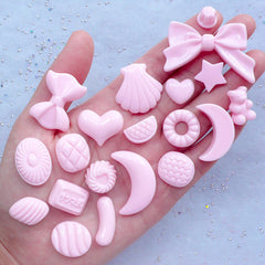 Kawaii Pastel Cabochon Mix | Assorted Decoden Cabochons | Candy Heart Moon Ribbon Bow Resin Pieces (20pcs / Pink / Flatback)