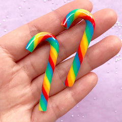 Rainbow Candy Cane Cabochons | Faux Peppermint Candy Stick | Fimo Food | Kawaii Christmas Decoration (2 pcs / 3D / 20mm x 50mm)
