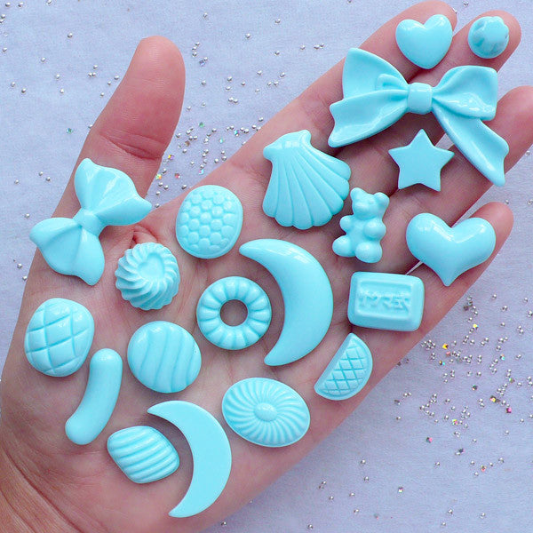 Pastel Kei Cabochon Mix | Candy Heart Moon Ribbon Bow Cabochons | Assorted Kawaii Cabochons | Decoden Supplies (20pcs / Blue / Flatback)
