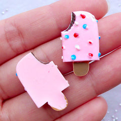 Miniature Popsicle Cabochons / Strawberry Ice Cream Bar (2pcs / 15mm x 25mm / Flat Back / Pink) Cute Dollhouse Sweets Whimsical Deco FCAB311