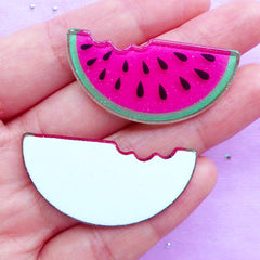 Bitten Watermelon Cabochons | Kawaii Decoden Supplies | Acrylic Fruit Cabochon with Glitter | Cute Embellishments (2pcs / Flat Back)